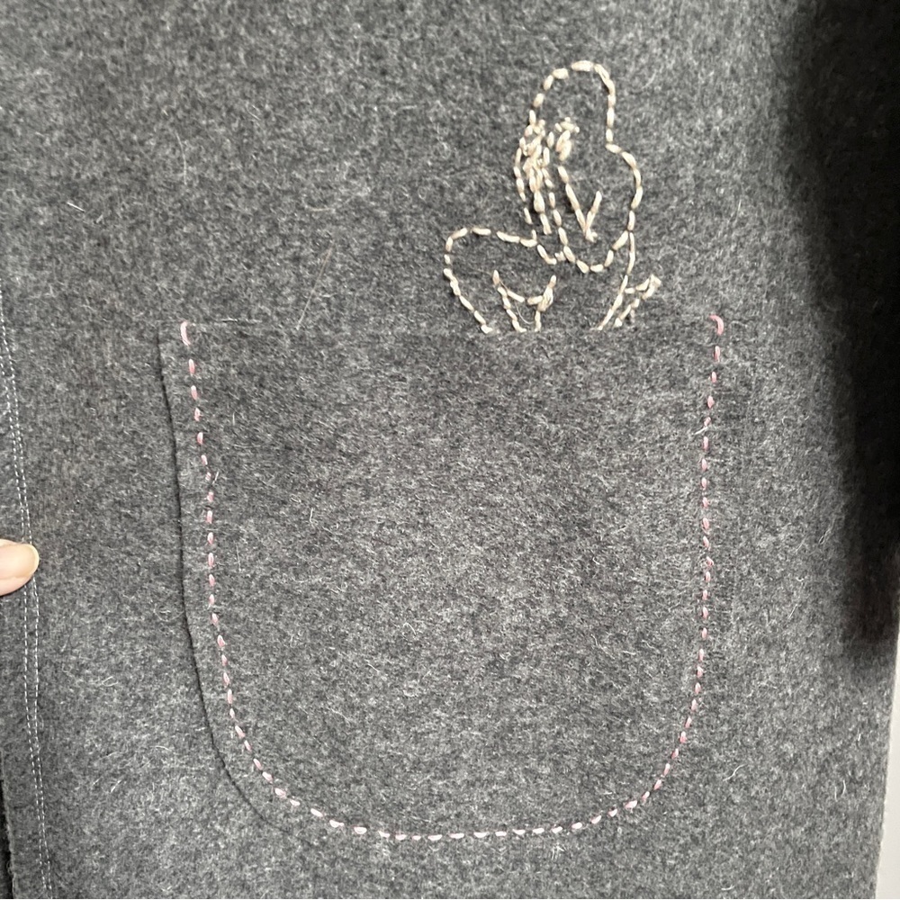 Handmade Gray Wool Elbow Cut-Out Embroidered Mid-Length Coat - 6/8, M, OOAK! - Picture 4 of 14